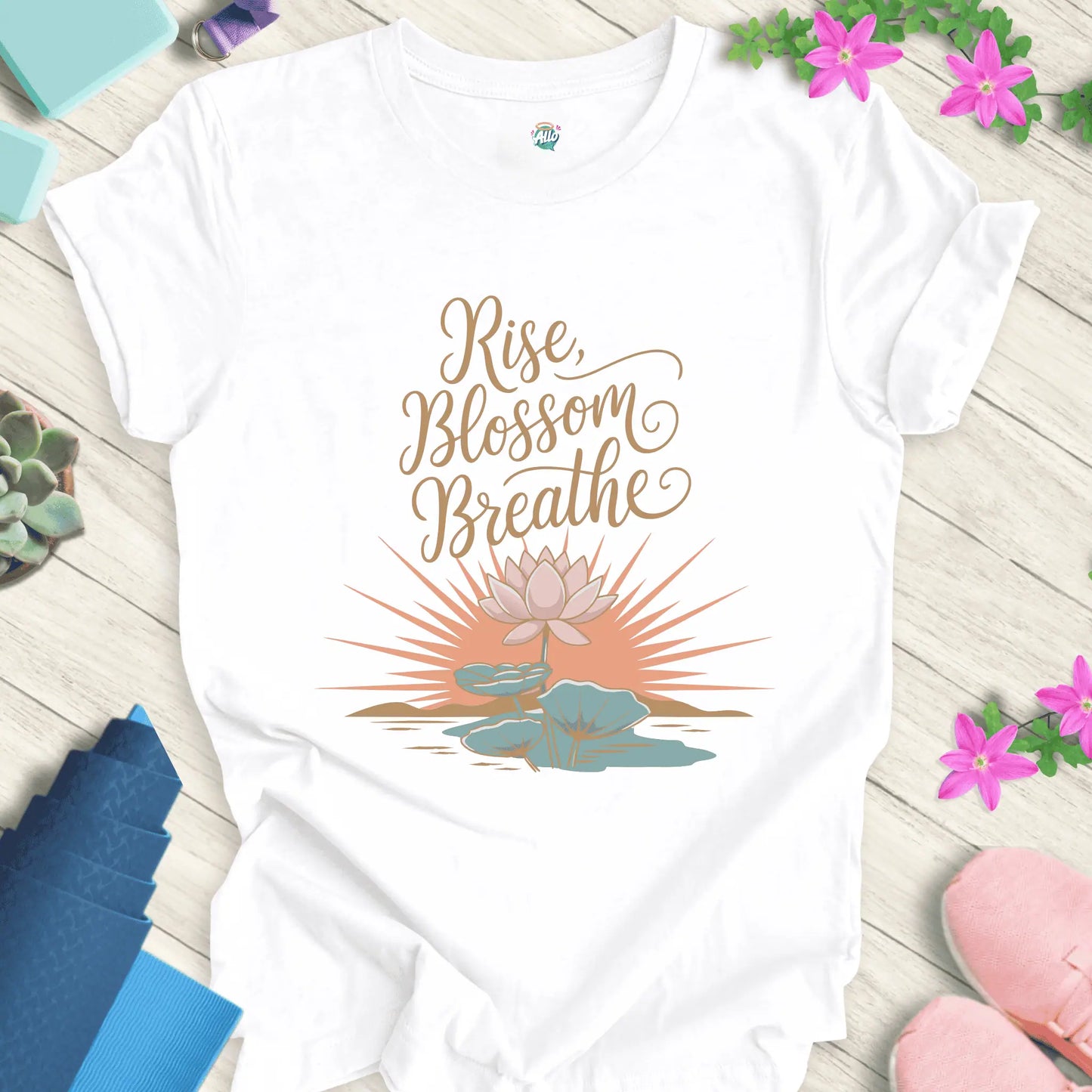 White yoga t-shirt with 'Rise Blossom Breathe' lotus design by Halo Allo, perfect for meditation and spirituality enthusiasts.