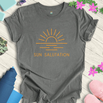 Deep Heather yoga t-shirt with 'Sun Salutation' design by Halo Allo, featuring a sunrise motif. Perfect for meditation enthusiasts.