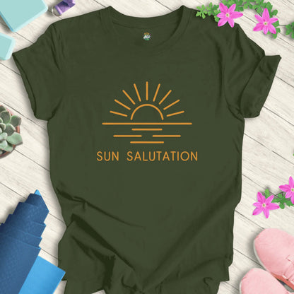 Military Green yoga t-shirt with 'Sun Salutation' design by Halo Allo, featuring a sunrise motif. Perfect for meditation enthusiasts.