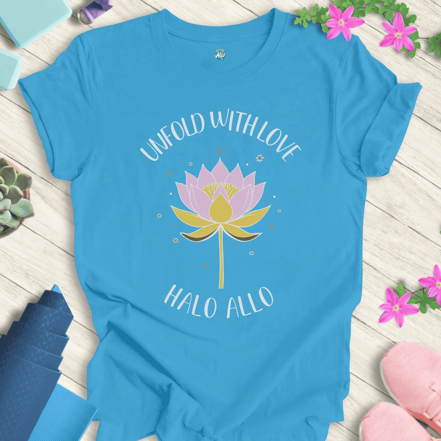 Aqua yoga t-shirt with 'Unfold With Love' design and minimalist lotus flower by Halo Allo.