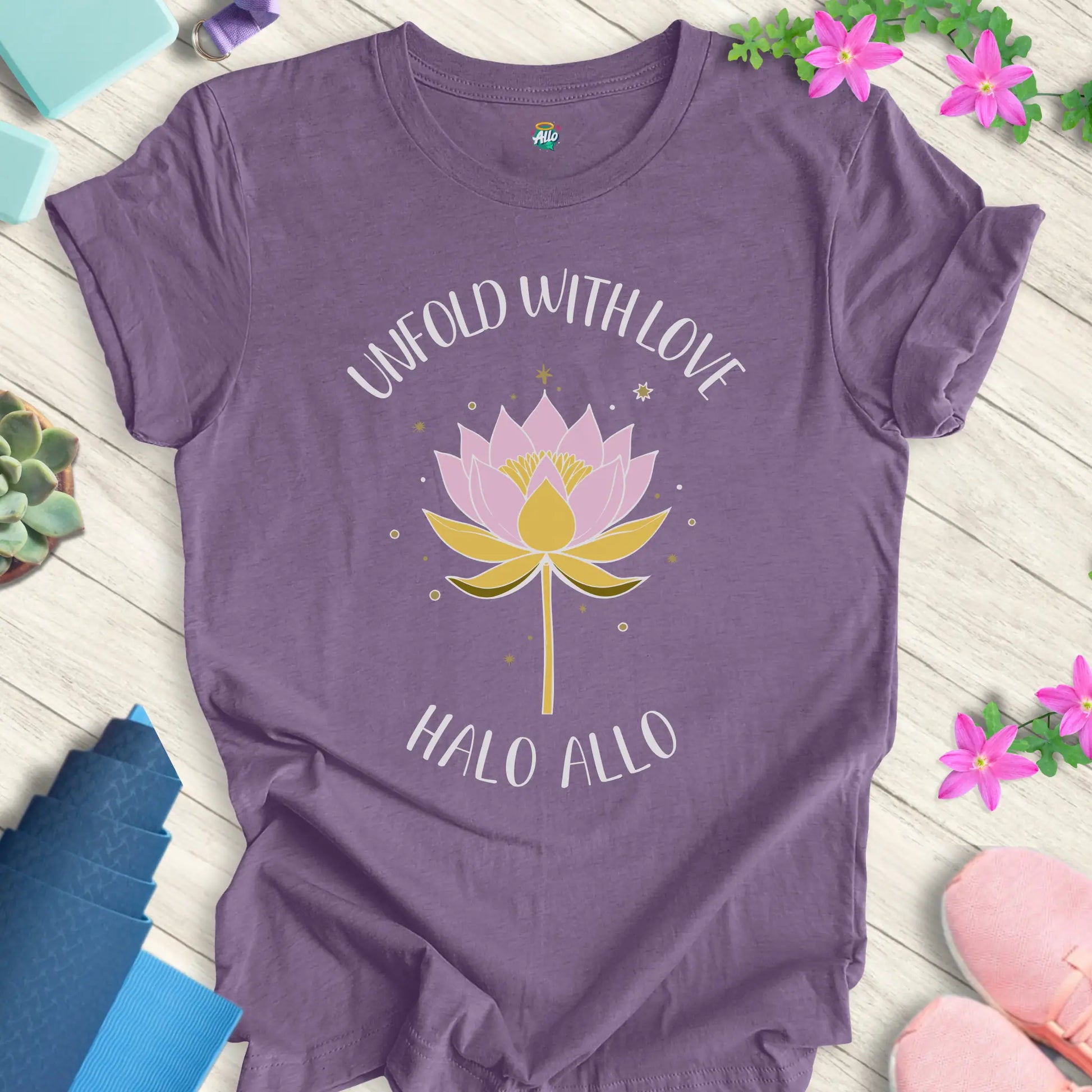 Heather Team Purple yoga t-shirt with 'Unfold With Love' design and minimalist lotus flower by Halo Allo.