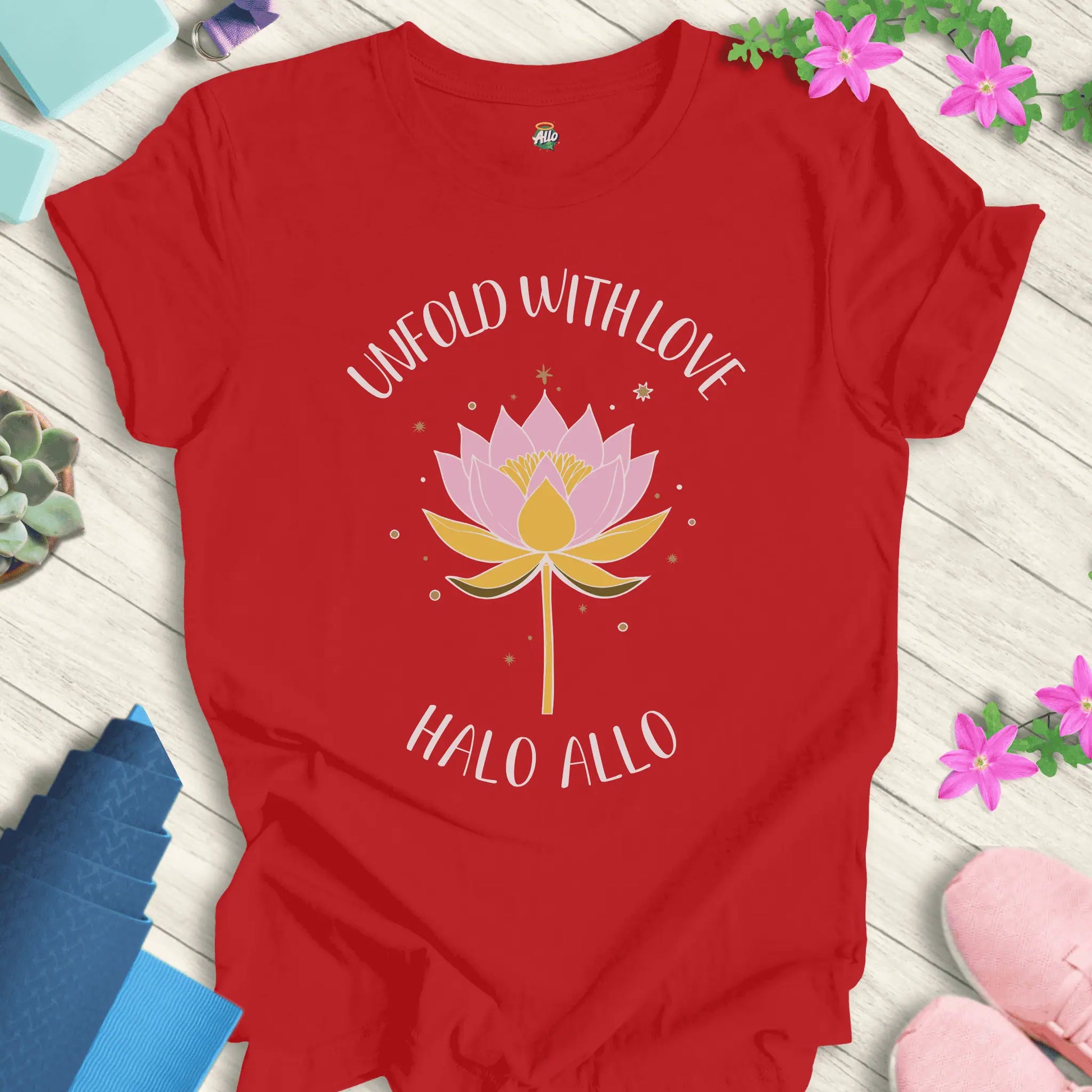 Red yoga t-shirt with 'Unfold With Love' design and minimalist lotus flower by Halo Allo.