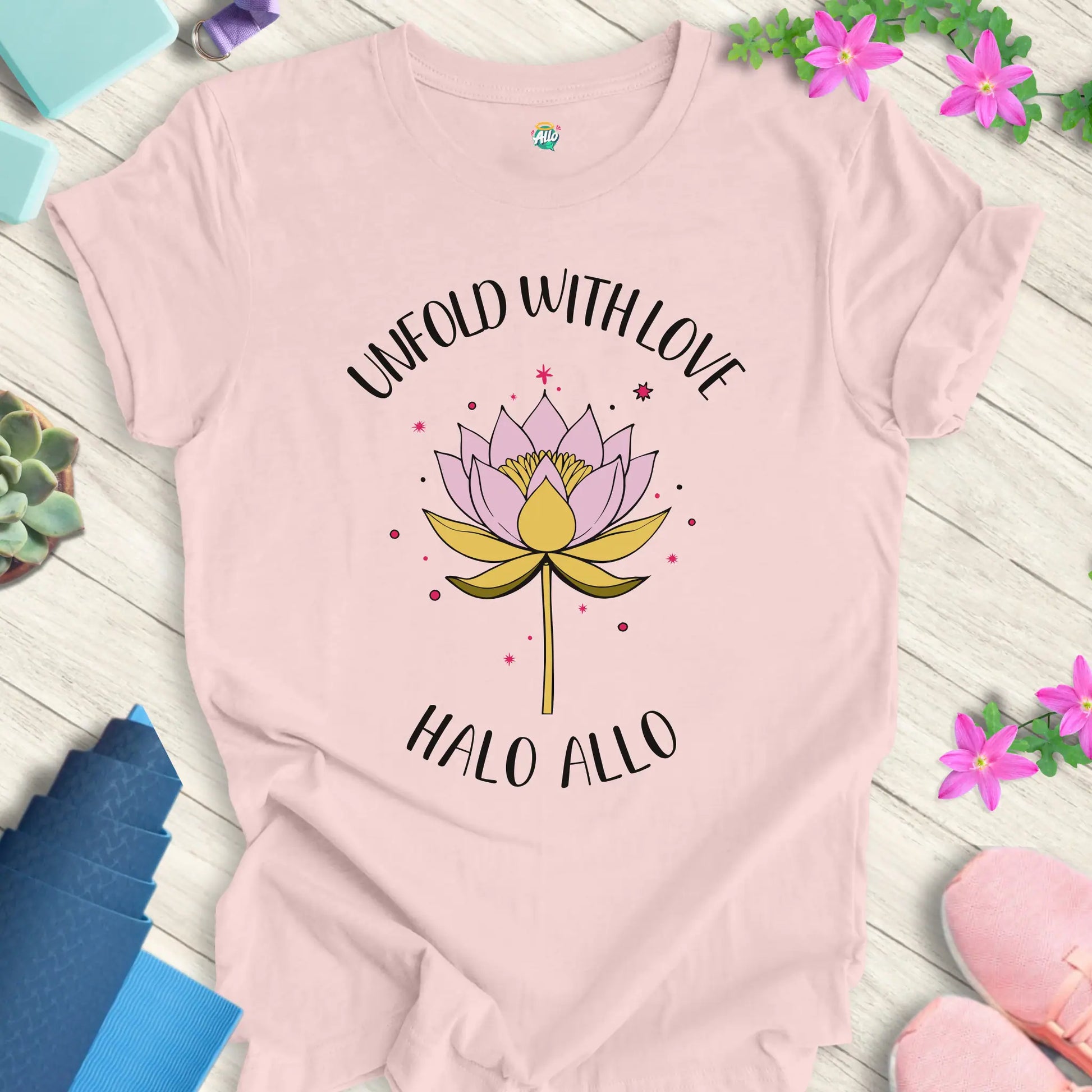 Soft Pink yoga t-shirt with 'Unfold With Love' design and minimalist lotus flower by Halo Allo.