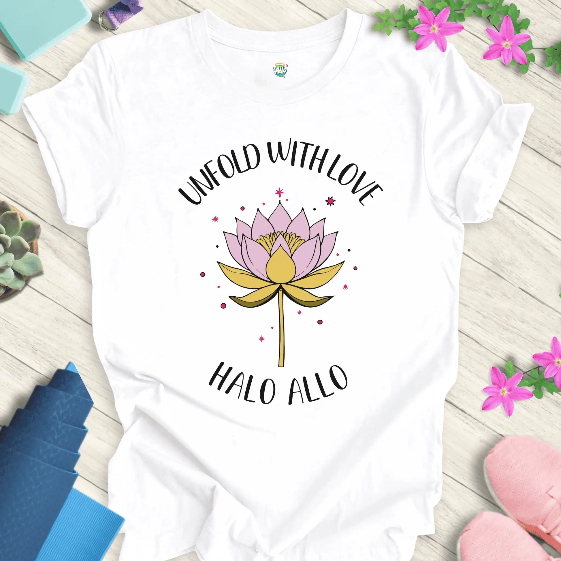 White yoga t-shirt with 'Unfold With Love' design and minimalist lotus flower by Halo Allo.