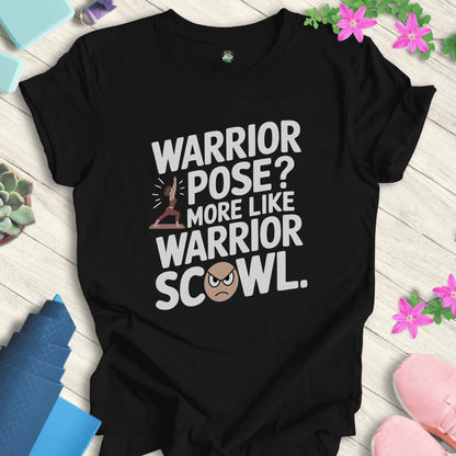 Black yoga t-shirt with warrior pose and scowl design, featuring 'Warrior Scowl' text by Halo Allo.