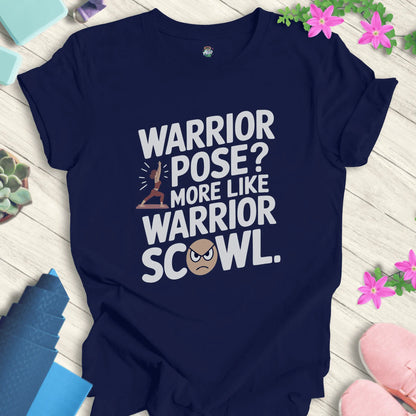 Navy yoga t-shirt with warrior pose and scowl design, featuring 'Warrior Scowl' text by Halo Allo.